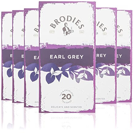 Brodies Earl Grey Tag and Envelope - 6 Tea Boxes of 20 Tea Bags each (total 120 Tea Bags) - Delicate and scented quintessential British Tea with the citrus note of Bergamot