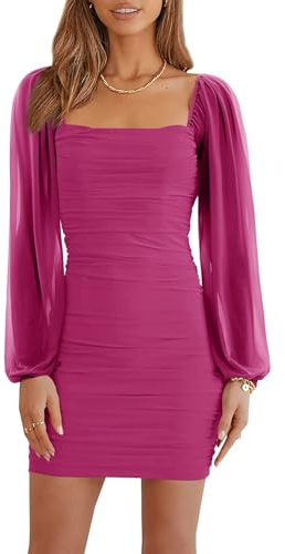 Ofenbuy Women's Mesh Long Sleeve Dress Square Neck Ruched Mini Bodycon Dress Stretch Party Cocktail Dresses Rose Red
