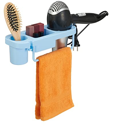 Relaxdays Soporte Secador de Pelo, Montaje sin Taladrar, Plástico, con Portacables y Estantes, 9x30x10,5 cm, Azul Claro