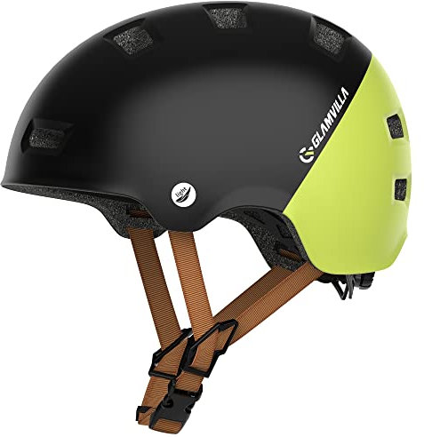 GLAMVILLA Skaterhelm Fahrradhelm Ultraleicht Stadthelm für Kinder/Damen/Herren,Verstellbar Unisex Schutzhelm für Skateboard E-Scooter Roller BMX,nur 260g/270/280g (Schwarz mit Grün, M(54-57cm))