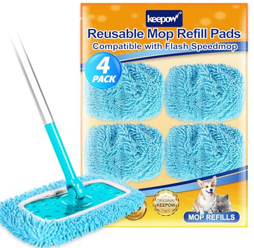 KEEPOW Reusable Mop Pads for Flash Speed Mop Refill Wipes – Wet & Dry Use | Chenille Material, Microfiber Wet Dry Refills for Flash Speed Mop, 5× Cleaning Power, Washable 100x, 4 Pack with Laundry Bag