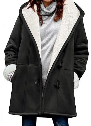 Vancavoo Fleecejacke Damen Sweatjacke mit Kapuze Strickjacken Lang Fleecejacke Winterjacke Lammfell Fleece Kapuzenjacke Winter Warme Mantel Kapuzenpullover,Schwarz,XL