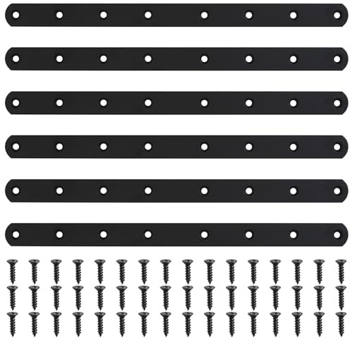 Flachverbinder, 6 Stk. Lochplatte Schwarz, Metallverbinder, Flache Holzverbinder, Reparaturplatte, Flache Winkelverbinder mit 48 Schrauben für Möbel Schränke Regale, 295x20x3mm (I-Typ)