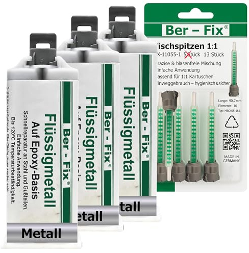 Ber-Fix Flüssigmetall Epoxidkleber 3x50g + 13 Mischdüsen metallgefüllt 50g | Flüssigmetall Epoxidkleber 3x50g + 13 Mischdüsen metallgefüllt 50g: Flüssigmetall für metallähnliches Füllen