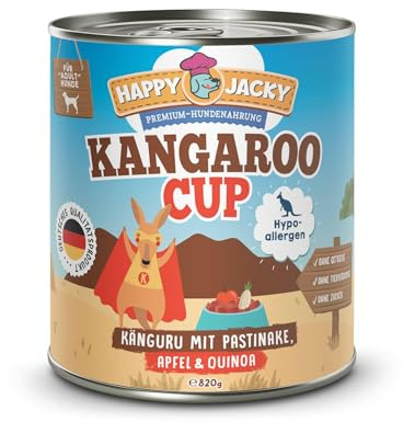 HAPPY JACKY | extra sensitives High-Premium Nassfutter für Hunde ohne Getreide | Känguru mit Pastinake, Apfel & Quinoa | ohne Konservierungsstoffe, Zuckerfrei | 6x820g
