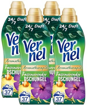 VERNEL Aromatherapie Faszinierender Dschungel Weichspüler 4x 37 WL (148 Waschladungen), langanhaltender Wäscheduft mit ätherischen Ölen für 24/7 Frische, recycelbare Flasche