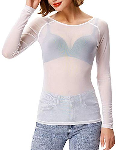 VDDTAGAM Womens Long Sleeve Mesh Top Mock Neck Sheer Blouse See Through Shirt Tops Floral Embroidery Lace Layering Top High Neck Going Out Tops Blouse Shirt VDD66