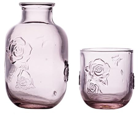 LCORMAG Pink Rose Flower Vintage Bedside Water Carafe and Glass Set, 15 oz Clear Glass Water Carafe with Tumbler for Bedroom Nightstand, Fruit Juice Milk Carafes, Mouthwash Decanter for Bathroom