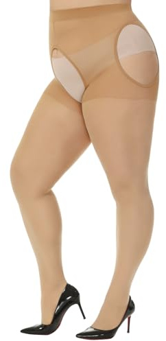 WiliW Ouvert Strapsstrumpfhose Damen Große Größen, Schwarz Hautfarbe | Offener Schritt Strumpfhose 40 Den Strapsstrümpfe