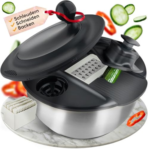 Salatschleuder Edelstahl mit Schneidefunktion [5 Verschiedene Aufsätze] Eigelbtrenner, Salatschüssel, Edelstahlschüssel mit 5L Volumen, Spülmaschinenfest zum Kochen Backen und Schneiden