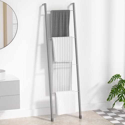 Portasciugamani in metallo grigio - scaletta portasciugamani per bagno decorativo, soggiorno, cucina, supporto per asciugamani, coperte, trapunte (4 ripiani, grigio)