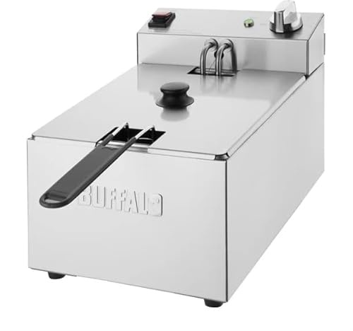Buffalo Single Tank Single Basket 5Ltr Countertop Fryer 2.8kW - Kitchen Commercial Stainless Steel Deep Fat Fryer Machine for Chips, French Fries, Donuts CU616 | Powerful 2.8kW element paired with a single tank and basket setup delivers rapid heat-up times for frying chips or donuts.