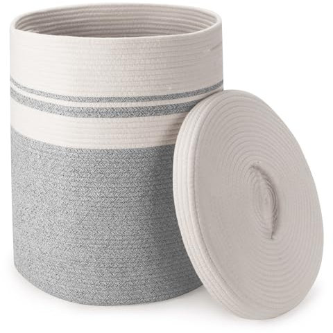 Rieeyrslza Cesto Portabiancheria in Corda Intrecciata con Coperchio 58L Cesto Corda Cotone per Giocattoli, Maniglia Vuota, Mettere Vestiti e Giocattoli, Camere da Letto e Soggiorno 38 x 50cm(Grigio)