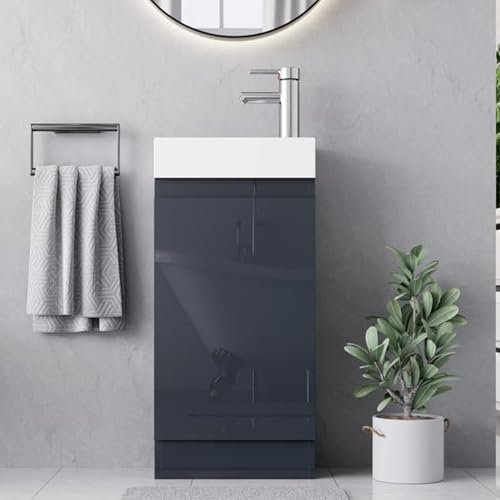 BELOFAY 400mm Floor Standing Bathroom Vanity Unit With Basin - Slim Waterproof Laquered Cloakroom Vanity Unit with 1 Tap Hole Ceramic Basin & Waste | Reversible Tap Fitting (Denvor Grey)