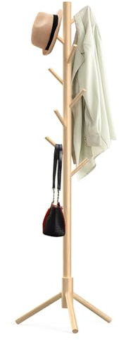 Kasunpul Porte-manteau en bois 175 cm avec 8 crochets, porte-vêtements réglable, autoportant en arbre pour la chambre, le couloir, le bureau, les vêtements, les chapeaux (Bois Naturel)