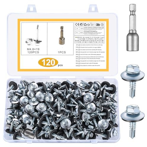 120 Pcs Tornillos Autotaladrantes, 4,8 x 19 mm Roscachapas Autorroscantes para Metal, Hexagonal, Tornillos para Tejado Chapa Trapezoidal Chapas Metálicas