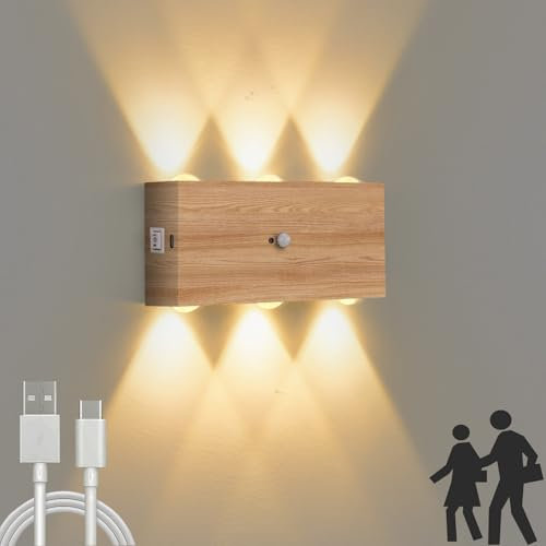 VOMI Applique murale LED rechargeable par USB avec détecteur de mouvement pour l'intérieur - Applique murale sans prise d'alimentation avec batterie de 4000 mAh - 6 W - Grain de bois - Applique murale