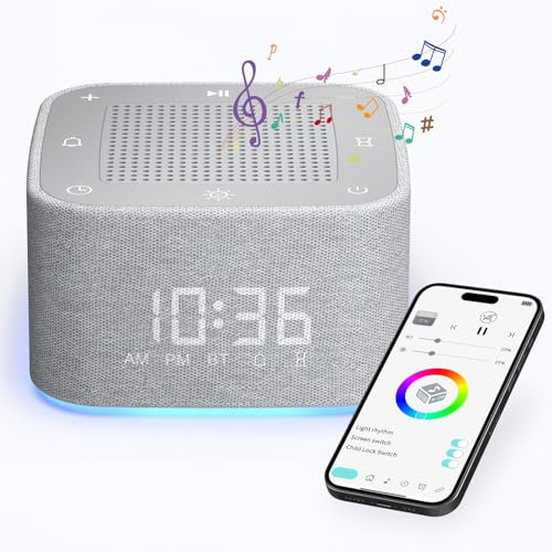 FUNYKICH Digital Wecker,2 in 1 Wecker mit White Noise,App-Steuerung Einschlafhilfe mit Wireless Lautsprecher,32 beruhigende Klänge, 8 Bunte Licht,5 Timer,Soundmaschine Wecker für Schlafzimmer Reisen