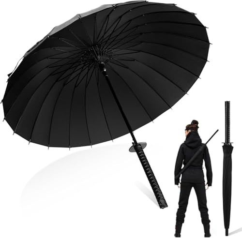 SVELNIO Großer Katana Regenschirm Samurai mit schwarzem Langen Griff Sturmsicherer Regenschirm mit 24 Rippen