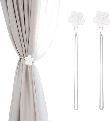 PATIKIL Fermacurtain Magnetici, 2 Pezzi Fermacurtain in Resina A Forma di Fiore, Fermacurtain Vintage con Cordino, Fermacurtain Decorativi Magnetici per Finestre per Casa, Tono Argento