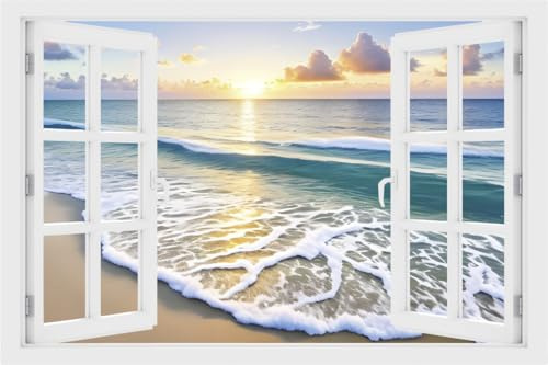 DesFoli Wandtattoo Sonnenuntergang Meer - verschiedene Rahmentypen DW000113 Farbe Fensterrahmen Querformat, Größe 90 cm x 60 cm