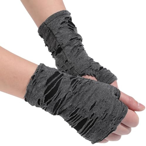 CABODYALS 1 Paar Schwarze Fingerlose Punk Handschuhe Gebrochen Zerrissen Geschlitzt Gothic Zerrissene Löcher Rave Handschuhe Halloween Gothic Grunge Armstulpen Großpackung Für Damen Kostüm Cosplay Abs