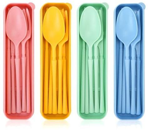 DIYJEP 4 Juegos de Cubiertos de Viaje con Estuche, Vajilla de Plástico Portátil Reutilizables, Cubiertos de Camping con Cuchillo Tenedor Cuchara Palillos para Llevar Trabajo Escuela (4 Colores)