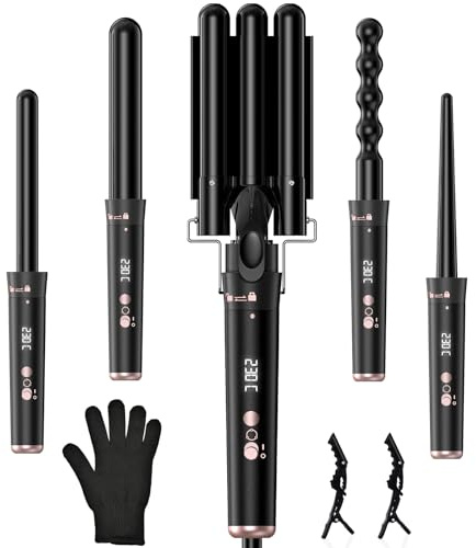 Onftrym Lockenstab Lockenstäbe 3 Fässer Welleneisen 5 in 1,Lockenstab mit Verschiedenen Aufsätzen für Großer Wellen,160-230℃ Einstellbar Welleneisen Für Haare,Keramik Curling Iron mit Handschuh & Clip