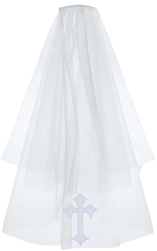 Merroyal First Communion Veil for Girls, White Tulle, Cross Design, One Size