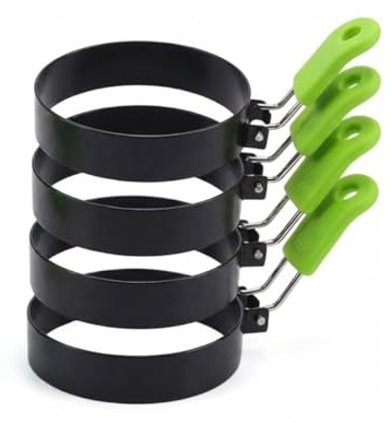 Halsgroves Stainless Steel Egg Rings (4 Pack) – Non-Stick Round Moulds for Fried Eggs, Pancakes, Crumpets & McMuffins – Heat Resistant Silicone Handles