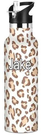 Botella de agua personalizada para niños para la escuela, 20 onzas, botella de agua de acero inoxidable personalizada para viajes o escuela, sin BPA, estampado de leopardo, marrón suave beige