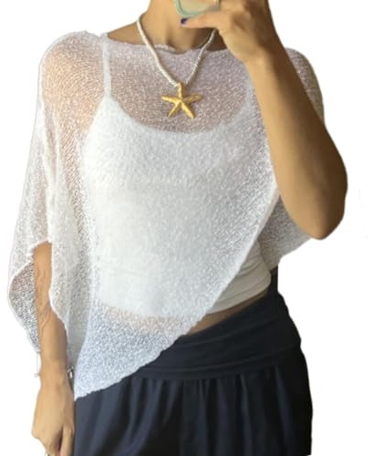 Explcior Mesh Poncho, Womens Sheer Poncho Shrug Bolero, Lightweight Summer Shrug Pullover Sweater(White)