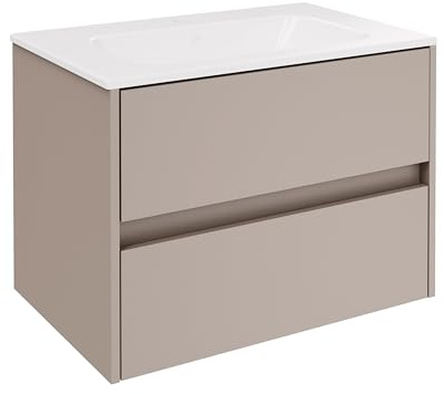FACKELMANN Compact Line Waschbeckenunterschrank mit Keramikwaschbecken – 2-teiliges Badmöbel-Set in Kaschmir/grau, 71cm breit, 2 Schubladen, wechselbare Griffleiste – Made in Germany