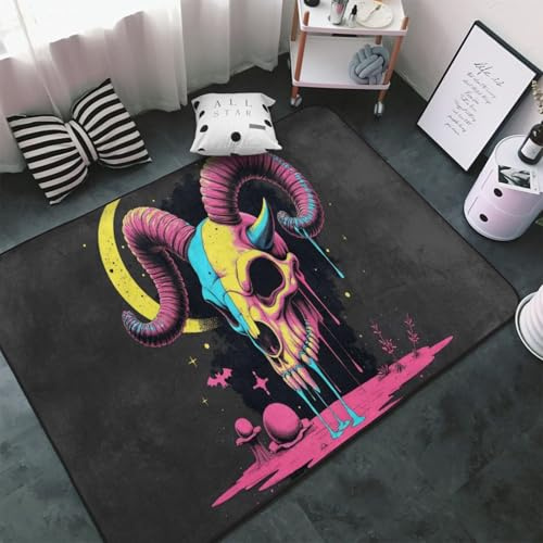 Retro Colorful Ram Skull Print Area Rugs for Living Room Bedroom, Washable Soft 3x5 Throw Rugs Non Slip Carpet for Bedroom Decor Aesthetic 60x39 inches
