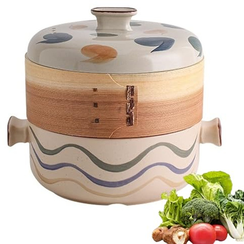 Cacerola con asas for cocinar, olla con vaporera de barro antiadherente, vaporera de bambú natural for cocina doméstica(2.5L)