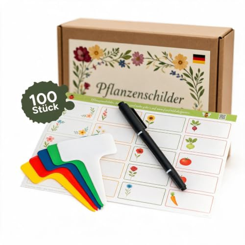 Fairfield Pflanzenschilder Set 100 Stück – T-Form Plastik Pflanzenetiketten wetterfest (60 weiß + 40 bunt) mit wasserfestem Stift & Stickern, beschriftbar & wiederverwendbar für drinnen & draußen