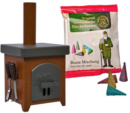 Crottendorfer Räucherkerzenofen Hüttenofen - aus Feinblech - Farbe: anthrazit/braun - inklusive Probepackung & Ofenbesteck - Höhe: 15cm - Made in Germany