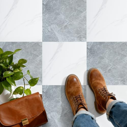 Peel and Stick Floor Tiles, 12 x 12 (30 x 30 cm) Self Adhesive Vinyl Tiles, White Marble Effect Pattern, DIY Flooring for Kitchen,Bathroom,Bedroom,Dining Room,30 Pack