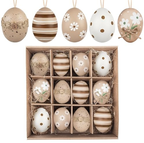 Plastik Ostereier Zum Aufhängen für Osterdeko- 12er Osterdeko Modern Plastikeier mit Schnur, Ostern Geschenke Kinder Erwachsene, Braun Weiß Oster Deko für Osterkörbchen Frühlingsdeko Hangingornament