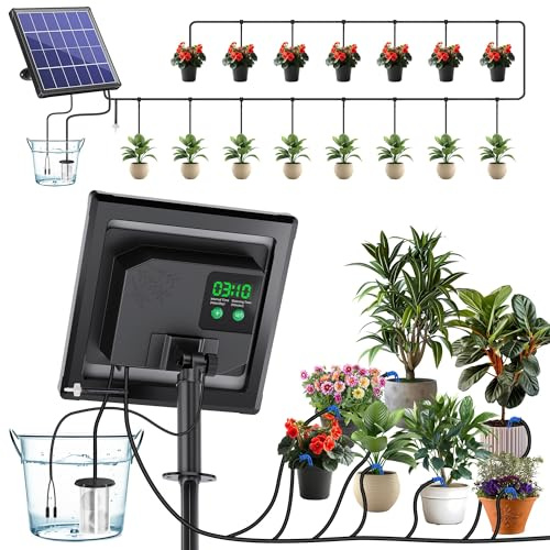 Biling Sistema de riego solar, riego automático por goteo de 15 m con temporizador, panel solar de 2,5 W, para 12-20 macetas, jardín, balcón, invernadero, riego de vacaciones