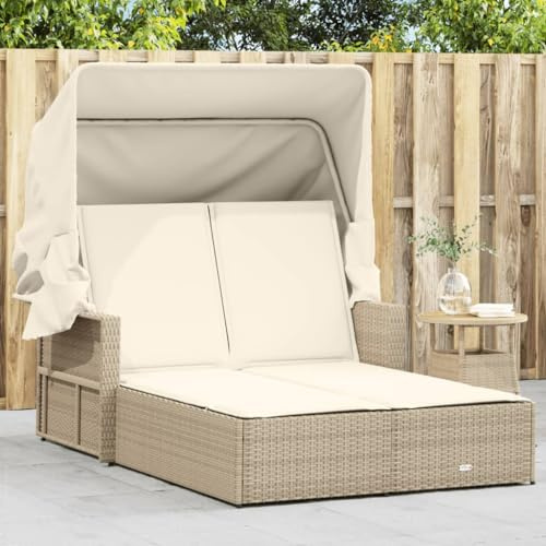 Mokuyary Doppel-Sonnenliege mit Dach und Auflagen Beige Poly Rattanliege mit 2-Fach verstellbare Rückenlehne Gartenliege Liegestuhl für Garten, Balkon, Terrasse, Camping, Pool