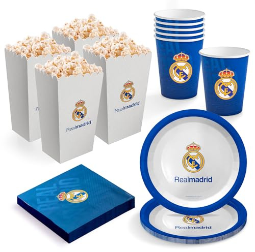 OH YEAH - Kit Vajilla Desechable Real Madrid de Cumpleaños 8 Personas - 37 Piezas - LICENCIA OFICIAL - Platos, Vasos, y Servilletas Desechables - Decoración Cumpleaños Infantil Temático - Mesa Fútbol