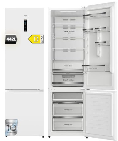 VOK Frigorífico Combi No Frost 442L en 198.5cm - Clase D, Compresor Inverter 37dB 224kWh, Smart Fresh Zone, Display en Puerta, Blanco, EVR-442NDWCP