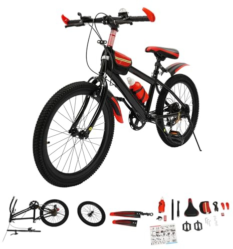 BTGSHYNM 20 Zoll Kinderfahrrad Mountainbike, 7 Gang Kinderfahrrad mit Trinkbecherhalter, Kompassglocke und Schutzbleche, Doppeltes Bremssystem Fahrrad für Jungen und Mädchen, 75 kg Hohe Tragfähigkeit