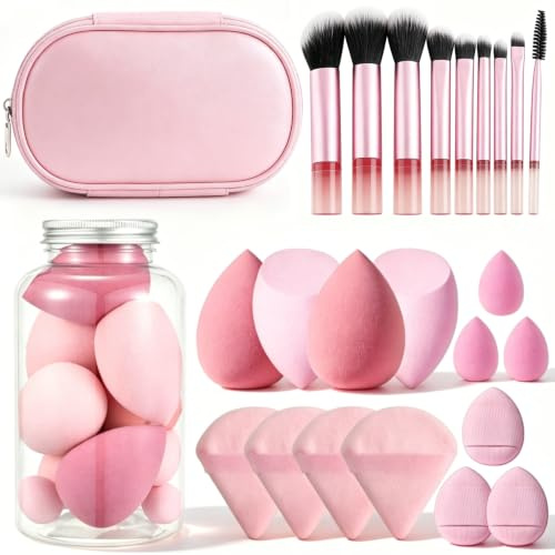 QuidToyzian Set de 14 Esponjas de Maquillaje + 10 Pinceles con Estuche, Esponjas Suaves y Borlas para Polvos, Pinceles Sintéticos para Base, Crema y Polvo Ideal para Viajes