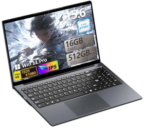 Portátil 15.6 Pulgadas, Ordenador Portatil Core I3-8100Y CPU, Win 11 PC Portátil 16GB RAM 512GB SSD, Laptop IPS FHD Pantalla, Ordenador P ortátil Type-C+TF Card Slot+USB3.0+Mini-HDMI+BT5+Webcam+WIFI5