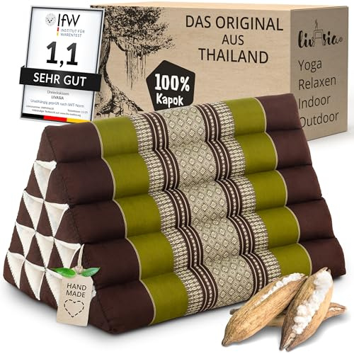 livasia Rückenstützkissen extrahoch - 38x55x35cm - Dreieckskissen für Garten und Balkon, Keilkissen mit Kapok, Lagerungskissen für Beine, handgefertigt, Meditationskissen (Braun/Grün)