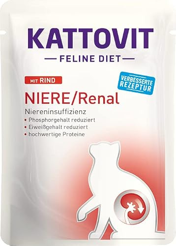 Kattovit Feline Diete Niere/Renal Rind | 24 x 85 g | Diät-Alleinfuttermittel für ausgewachsene Katzen | Zur Unterstützung der Nierenfunktion | Zur Oxalatsteinprophylaxe