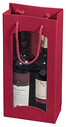 karton-billiger Flaschentragetasche Tragetüte mit Fenster in 4 Farben für 1,2 oder 3 Flaschen, 20Stück (2 Flaschen, rot)