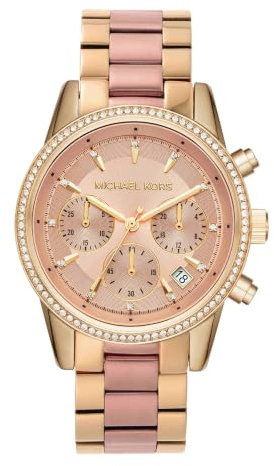Michael Kors Reloj Bryant para Mujer, 37mm Movimiento cronógrafo de cuarzo con correa de acero inoxidable, 37 mm, Tono dorado y rosa